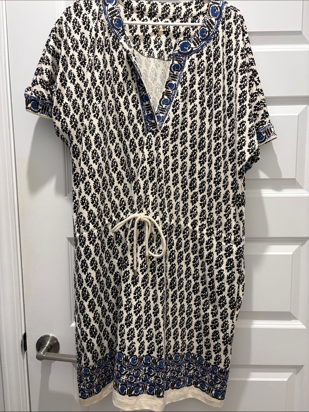 Tory Burch Cream Midi Dress with Black Botanical Print and Blue Trim